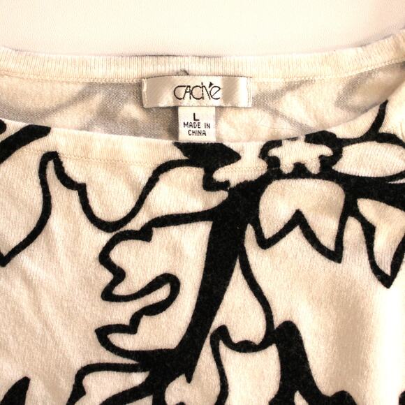 Women's Cache Black and White 3/4 Sleeve Floral Knit Top Sz L - Picture 4 of 5